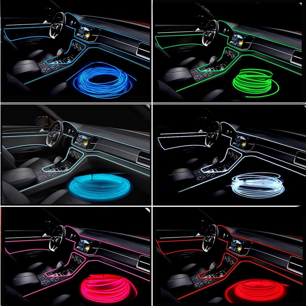 El Wire Green Interior Car LED Strip Lights, 3M Neon Wire USB 5V with Fuse Protection for Automotive Interior Decoration, with 6mm Sewing Edge