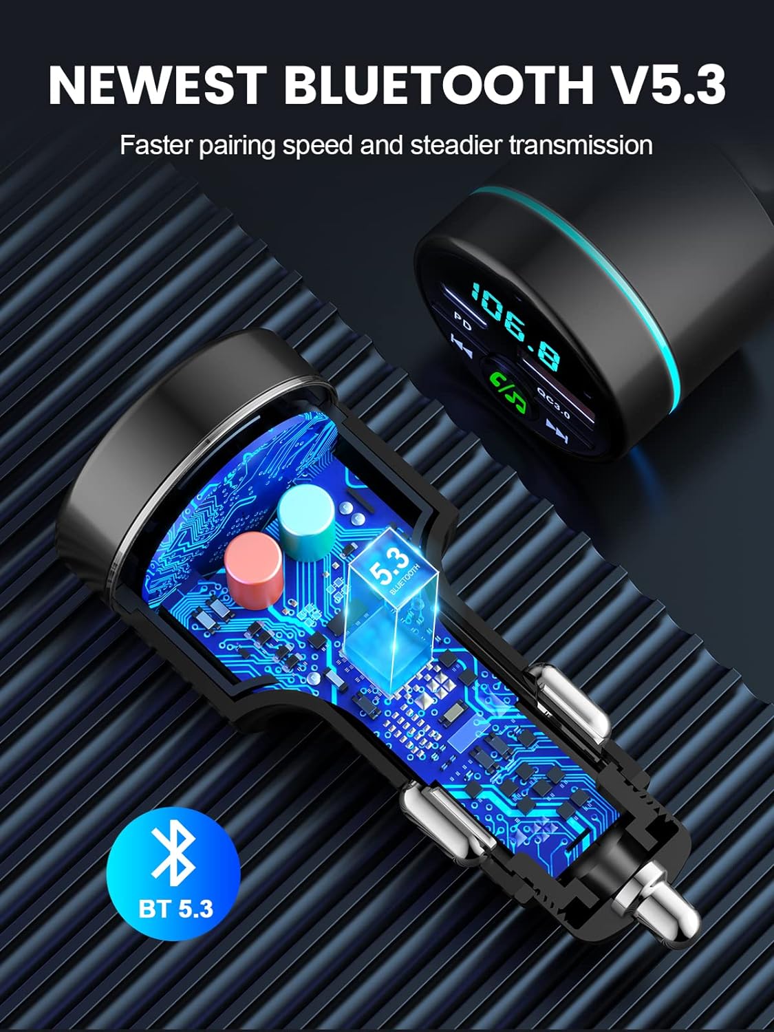 FM Transmitter for Car Bluetooth 5.3, [All-Metal] PD 30W & QC3.0 18W Fast Car Charger, Wireless FM Radio Car Kit Bluetooth Car Adapter, Noise Cancelling Hands-Free Call, Blue Light - Black