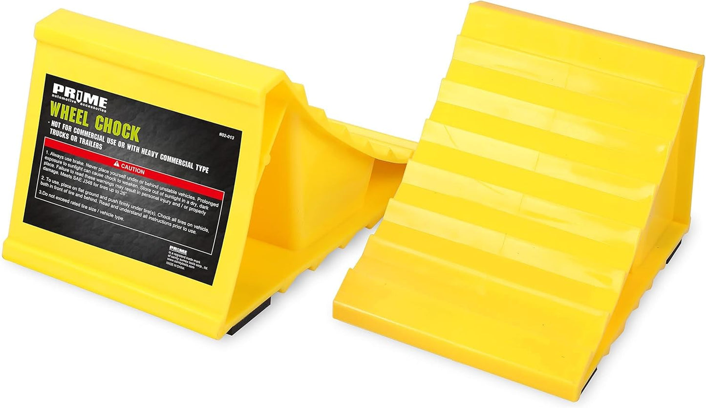 PR1ME Wheel Chocks with Non-Slip Base for RV & Trailer. 2 Pack Heavy Duty Wheel Chock with Bright Yellow. Lightweight Wheel Stoppers for Cars Camper Trucks RVs, Fit for Most Tyre Sizes