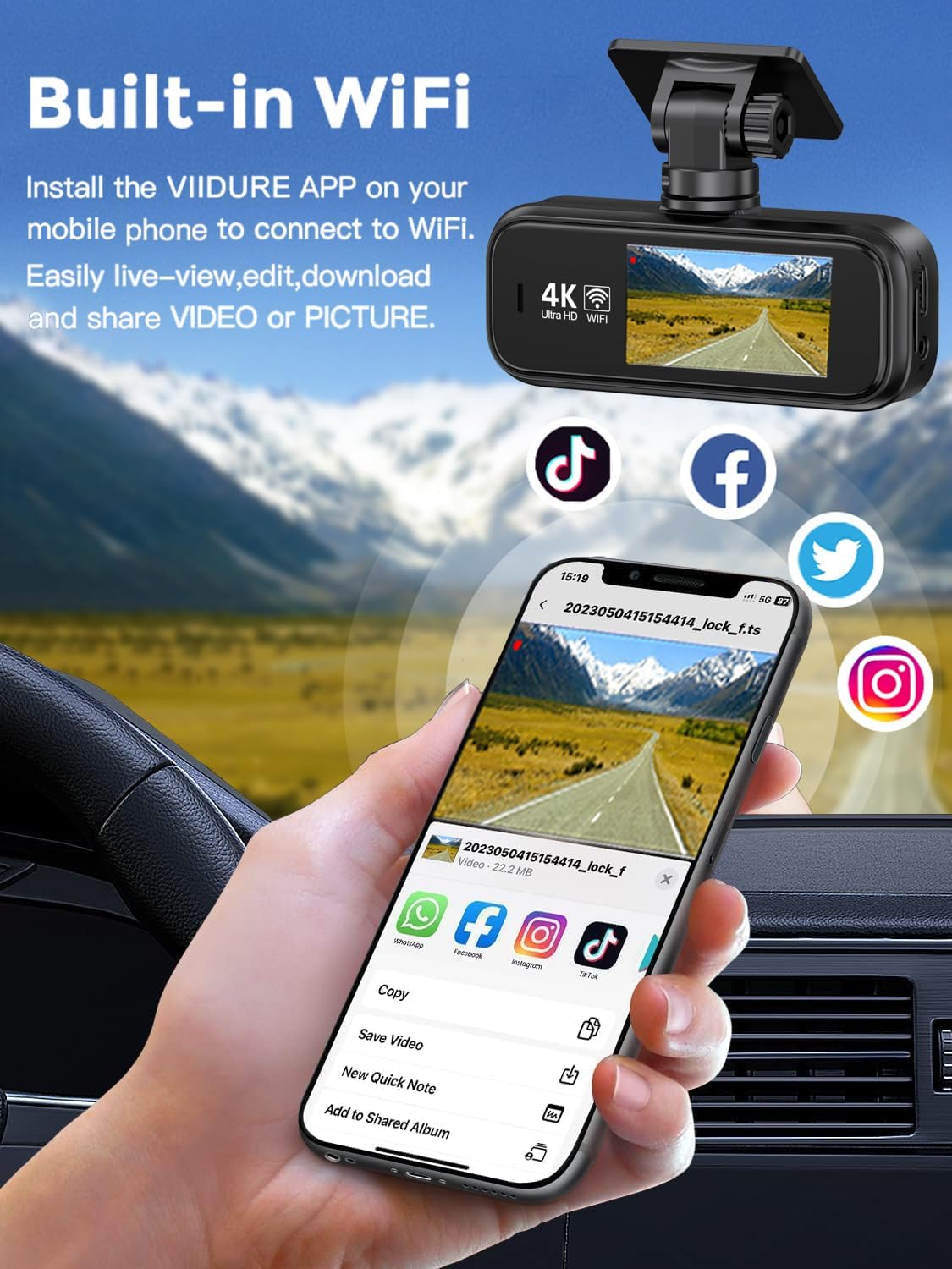 Dash Cam Front and Rear with 64GB Card, 4K+1080P Dual Dash Camera for Cars, Mini Car Camera, APP Control, Built-in Wi-Fi & G-Sensor, 170°Wide Angle, WDR, Night Vision, Loop Recording, Parking Mode