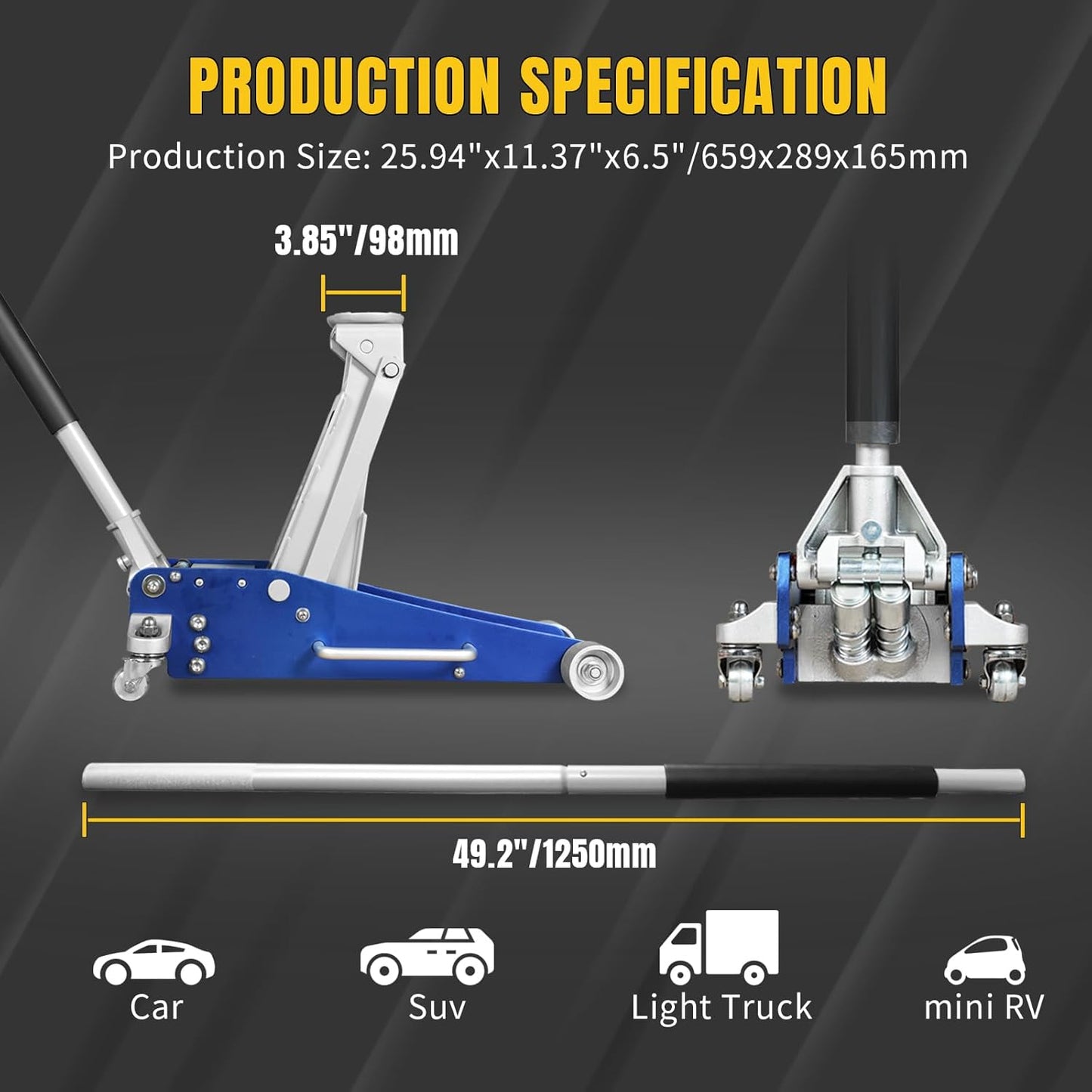 YELLOW JACKET Floor Jack 2.5 Ton Hydraulic Low Profile Aluminum and Steel Racing Car Jack with Fast Lifting Dual Pump, 5500 lbs Capacity