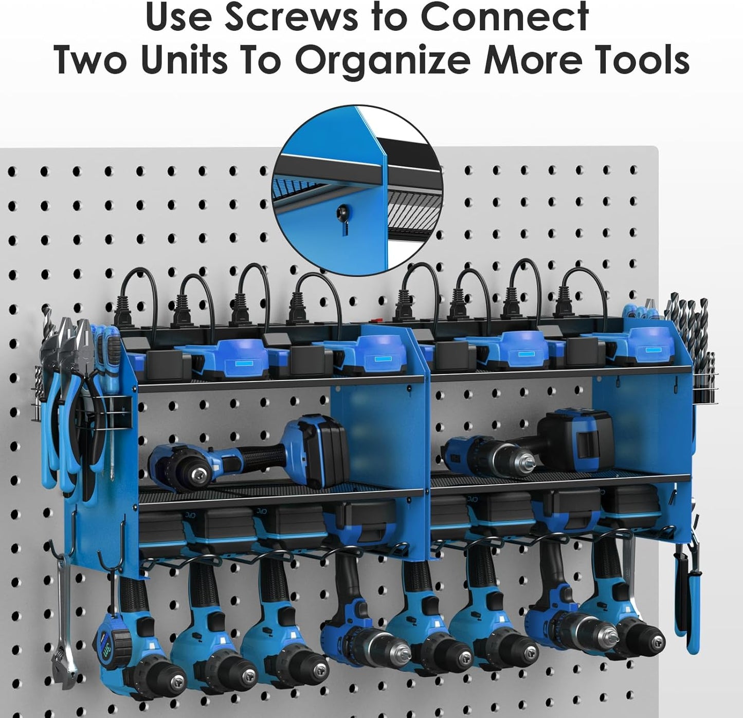 CCCEI Set Power Tool Organizer Wall Mount with Charging Station. Garage 4 Drill Storage Shelf with Hooks, Heavy Duty Metal Tool Battery Charger Organizer. Shop Utility Rack with Power Strip Blue.