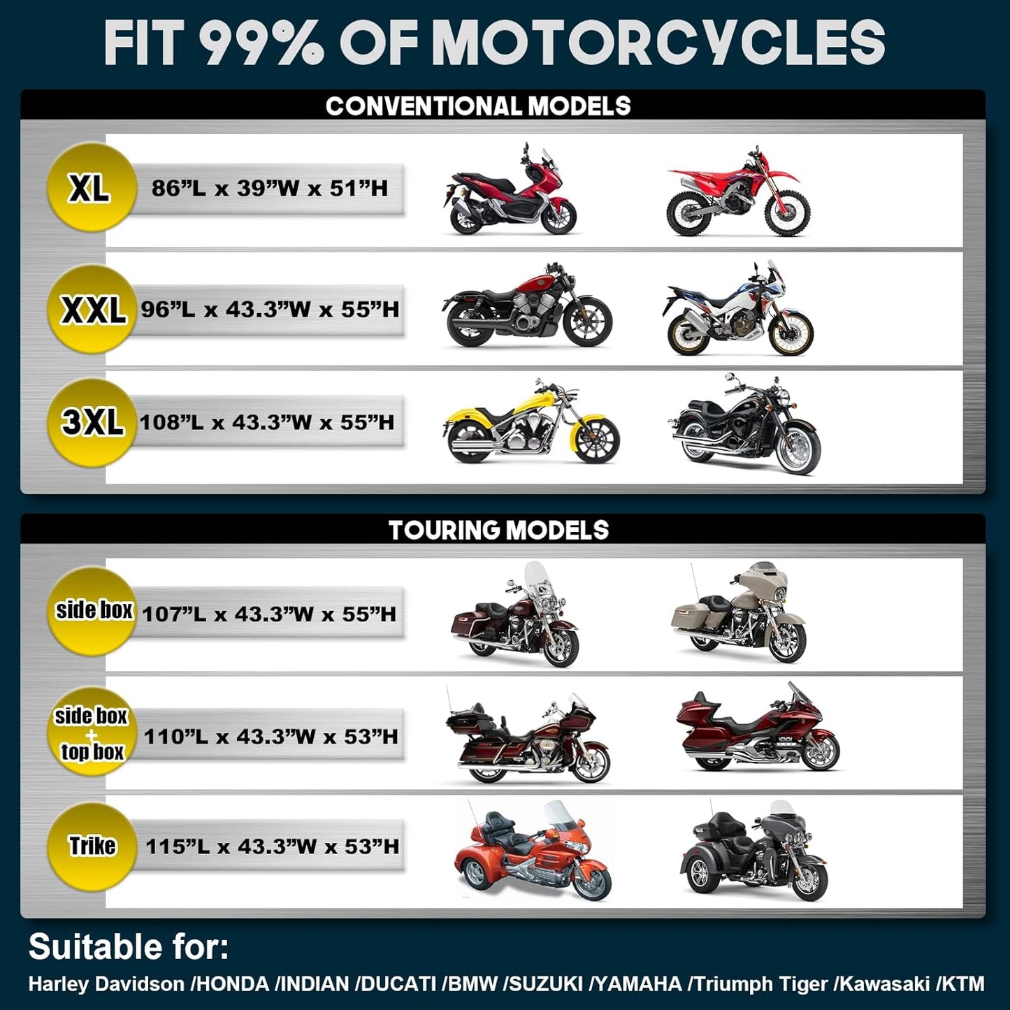 Rosefray Motorcycle Cover 600D Waterproof for Touring Models Harley Davidson Road King,Road Glide,Street Glide, Electra Glide,Low Rider-ST Indoor & Outdoor Storage Gray