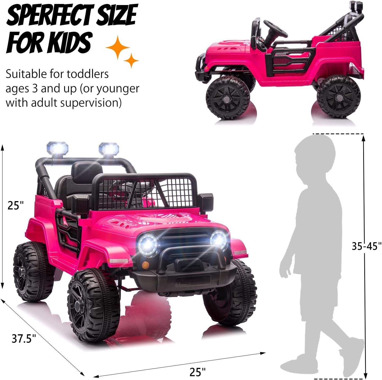 JOYMOR 12V Kids Ride on Truck with Remote Control, 4 Wheels Battery Powered Kids Car, Electric Play Car with LED Lights/Horn/Remote and Manual Control/3-5 MPH Speed/Gift for Girl Boy (Hot Pink)