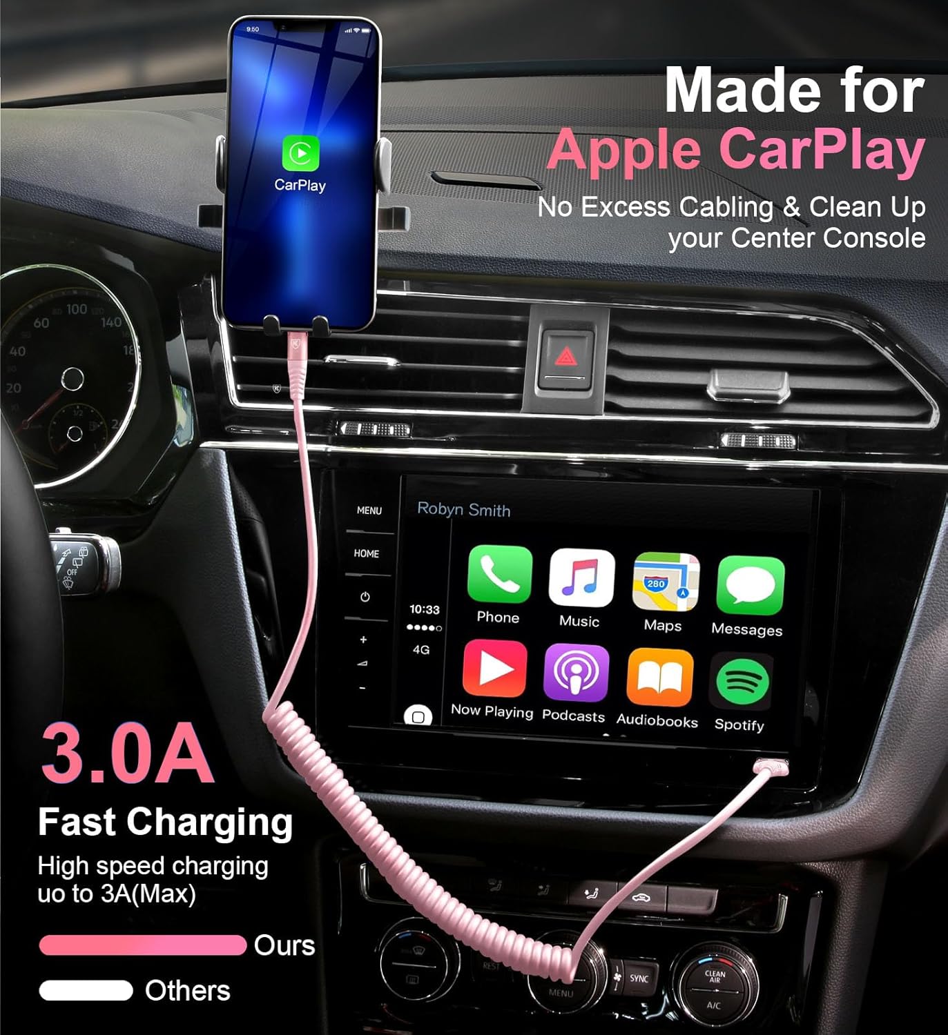 KIYODA USB C to Lightning Cable 3FTfor Car, Coiled iPhone Charger Fast Charging Short USBC Lightning iPhone Cord for iPhone14/13/12/11 Pro Max/iPad/CarPlay- 2Pack Pink