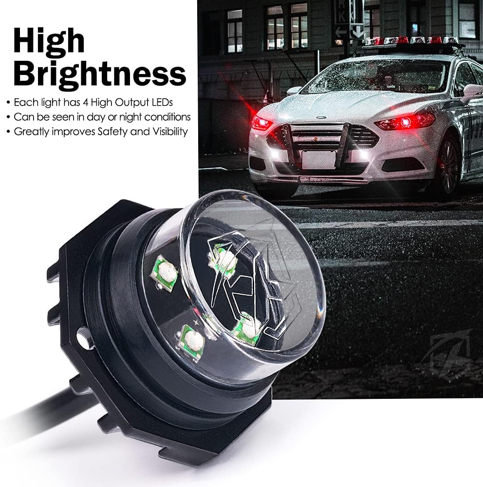 Xprite White Red LED Hideaway Strobe Lights Kit, 20 Flashing Patterns w/Control Panel Headlights Taillights Fog Light Interior Mounting, for Emergency Vehicles Firefighter Cars Trucks SUV 4PCS