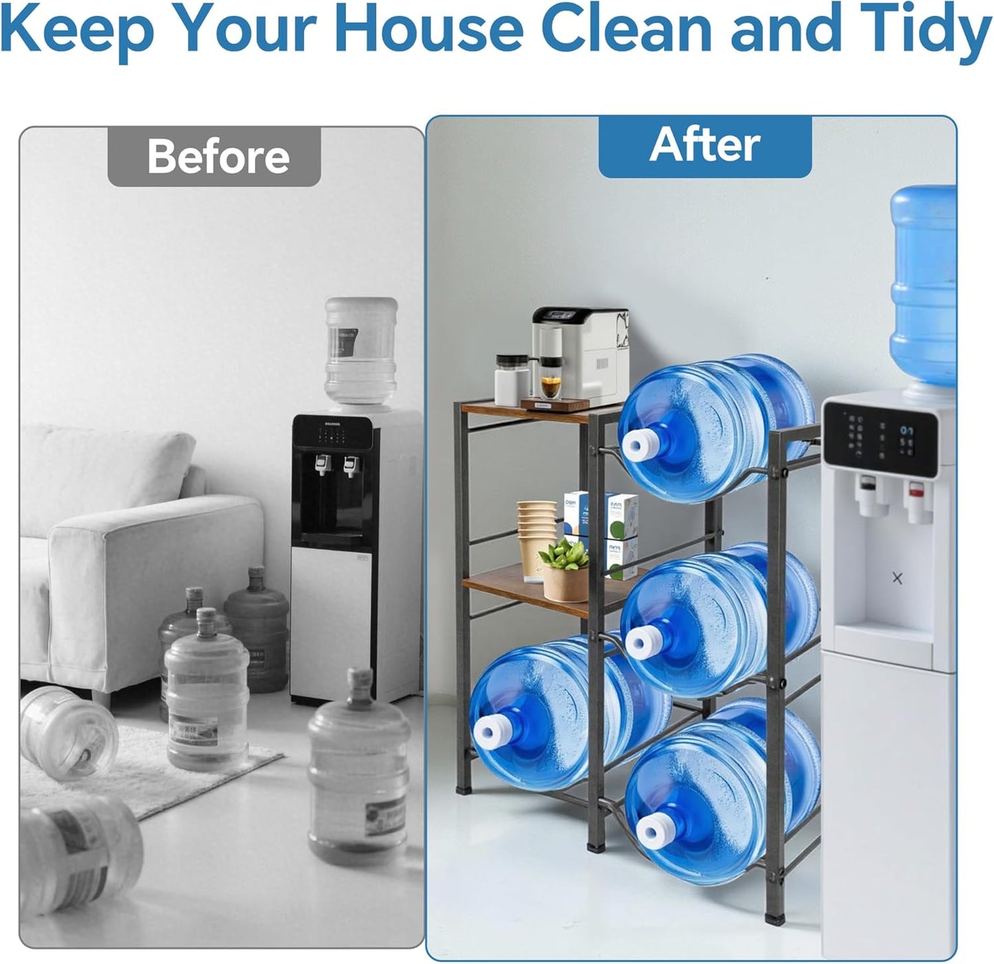 3-Tier 5 Gallon Water Bottle Holder, Heavy Duty Water Jug Rack with Wood Top Shelf, Water Dispenser Stand for Kitchen, Office, Garage