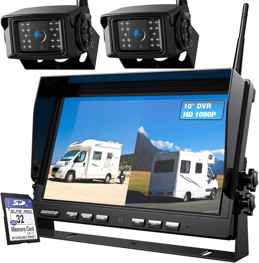 10'' 1080P Wireless Backup Camera System, 10 Inch DVR Dual/Quad Monitor Wireless 2 Rear View Cameras for RV/Truck/Trailer/Camper, IP69 Waterproof Digital Signal Recording System-BW102