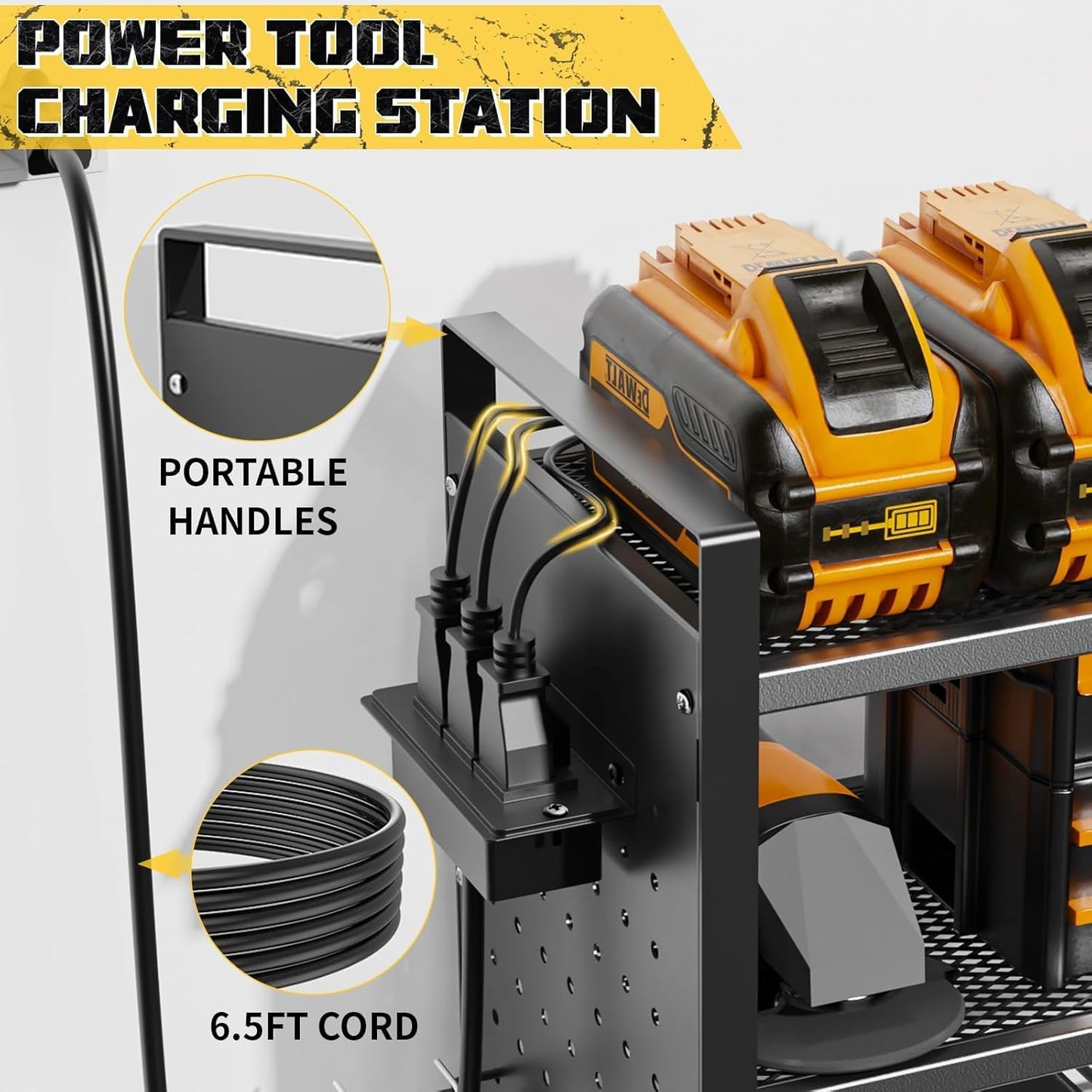 Power Tool Organizer with Charging Station Wall Mount, 3 Layer Expanded Heavy Duty Garage Organization, 48.8 Inch Length Garage Tool Storage, 4 Drill Slot, 16" Standard Hole, Black