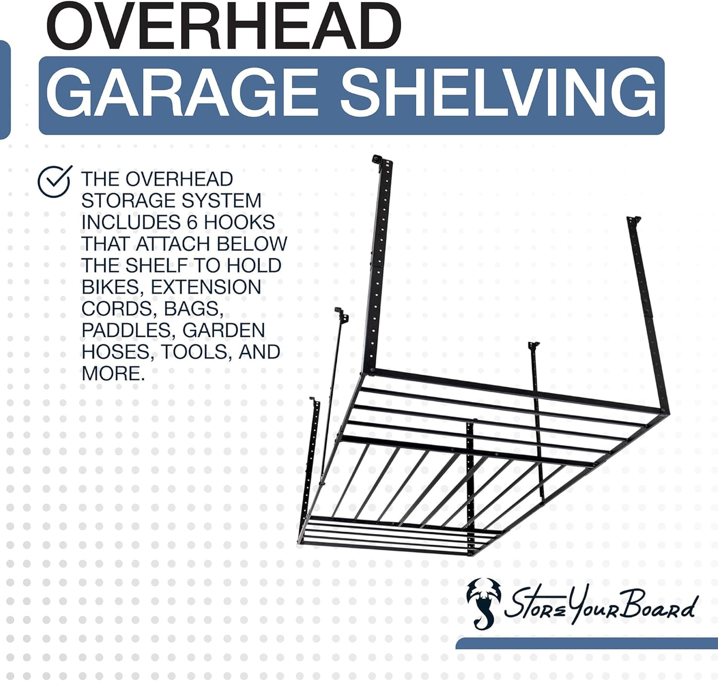 StoreYourBoard 4X8 Garage Storage Rack with Hooks, Ceiling Shelf Overhead Organization, Heavy Duty Steel Platform Holds 700 lbs, 96 in. x 48 in. x 40 in.