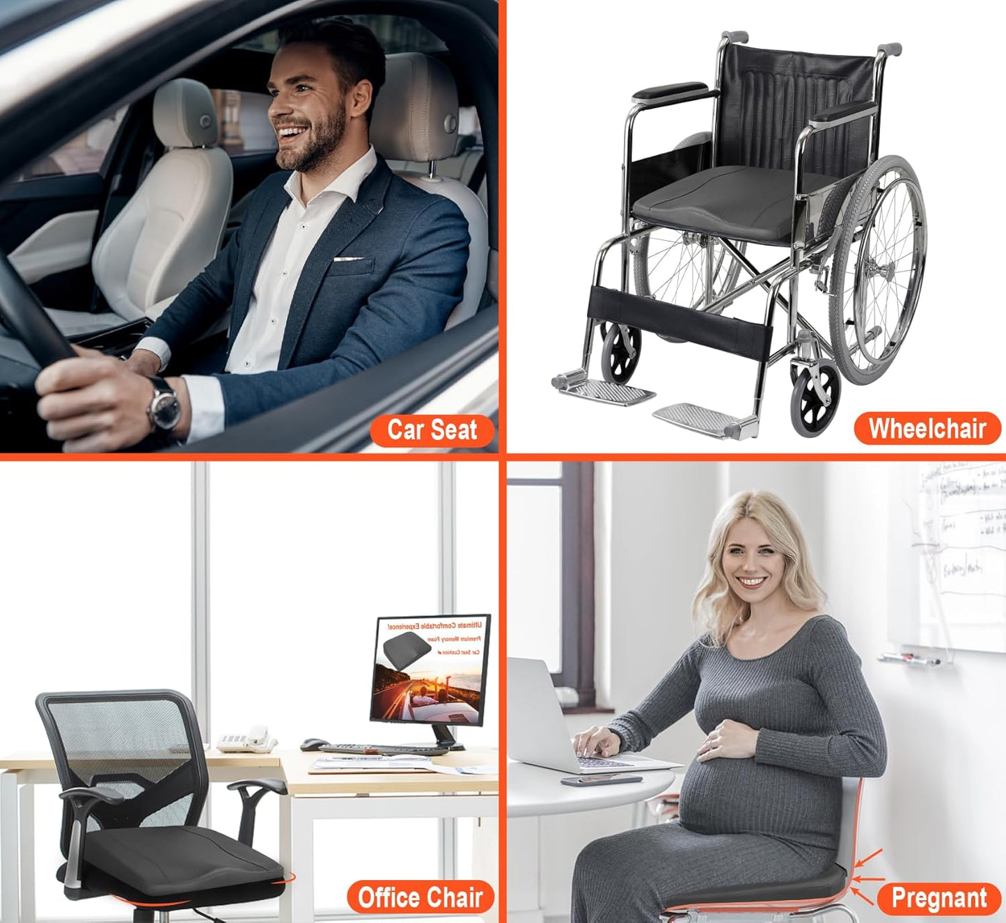 Car Seat Cushion, Comfort Memory Foam Car Cushions for Driving - Sciatica & Lower Back Pain Relief, Driver Seat Pillow for Auto, Office Chair, Wheelchair - Classic Grey