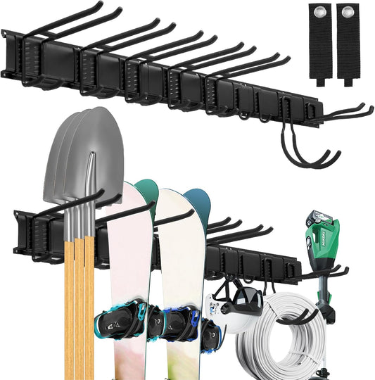 Sinoer Heavy Duty Steel Garage Wall Mount Garden Tool Organizer with 9 Adjustable Metal Hooks and 2 Straps, for Garden Tools, Chairs, Brooms, Mops, Rakes, Shovel