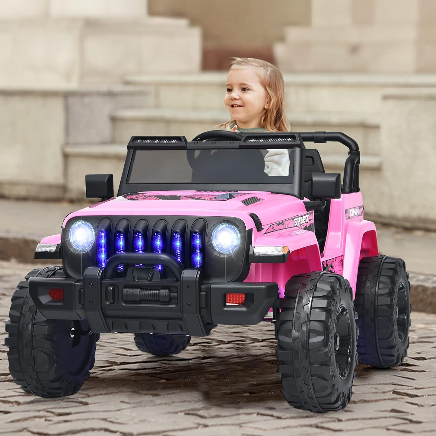 INFANS Ride on Car Truck with 2.4G Remote Control, 12V Battery Powered Electric Cars for Kids w/3 Speeds, Battery Display, LED Lights, Safety Belt, Music & Horn, Bluetooth/FM/USB (Pink)