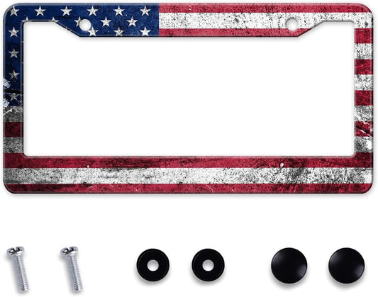 Vintage American Flag License Plate Frame, Retro USA Flag License Plate Holder Covers, Metal Aluminum Rustproof License Plate Frame Car Accessories for Women Men 2 Holes with Screw Caps
