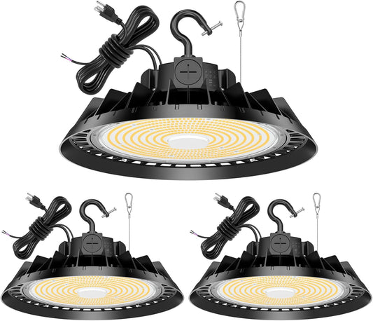 3Pack LED High Bay Lights, 200W UFO High Bay LED Shop Lights, 30000LM Adjustable CCT(5700K 5000K 4500K) & Power(200W 150W 100W), 0-10V Dimmable, 5' Cable Plug, IP65 Waterproof, ETL & DLC Listed