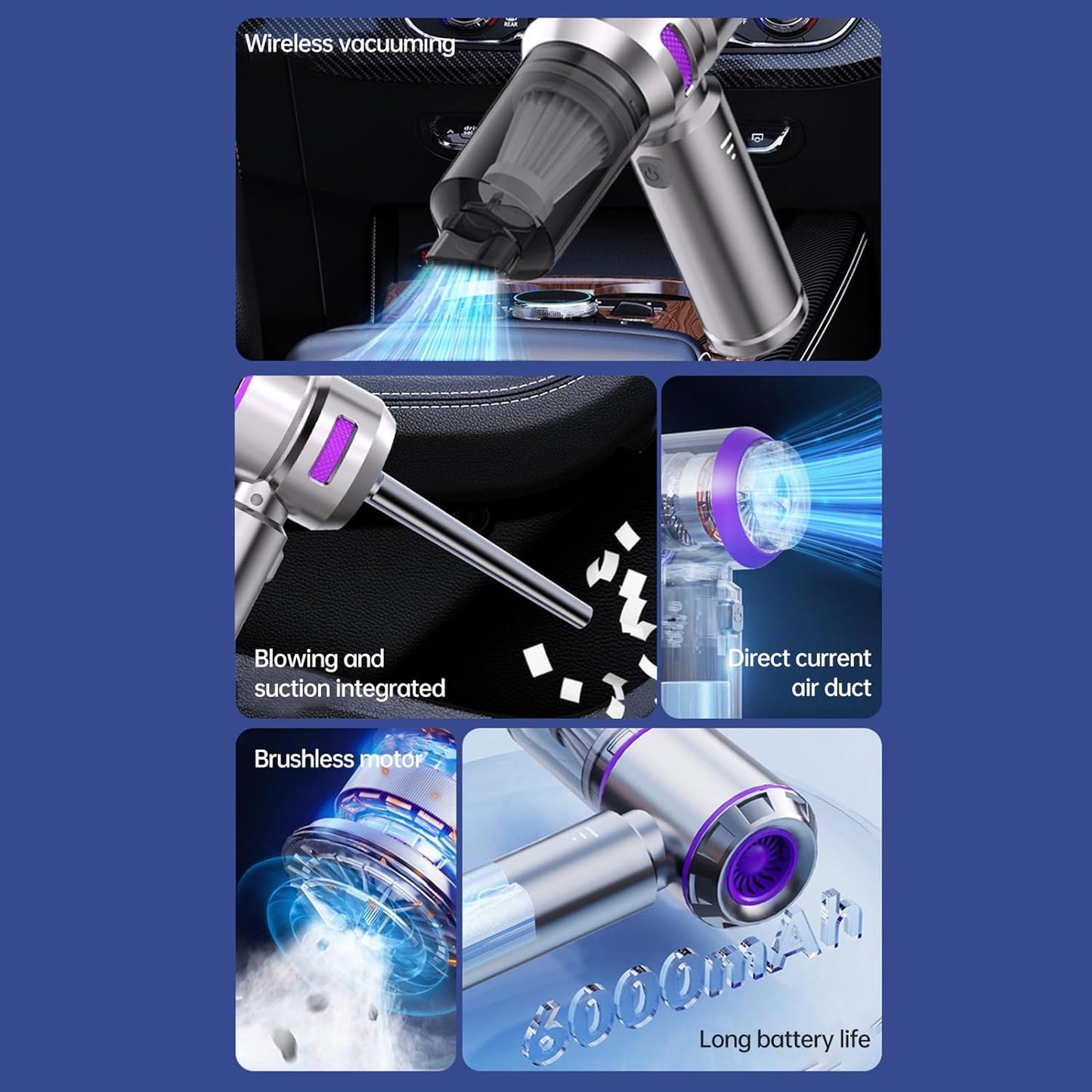 Handheld Car Vacuum Cleaner with Brushless Motor, 16000PA Strong Suction Vacuum & Compressed Air Dusters with LED Light Type C Mini Portable Hand Vacuum Blower for Car Home Office