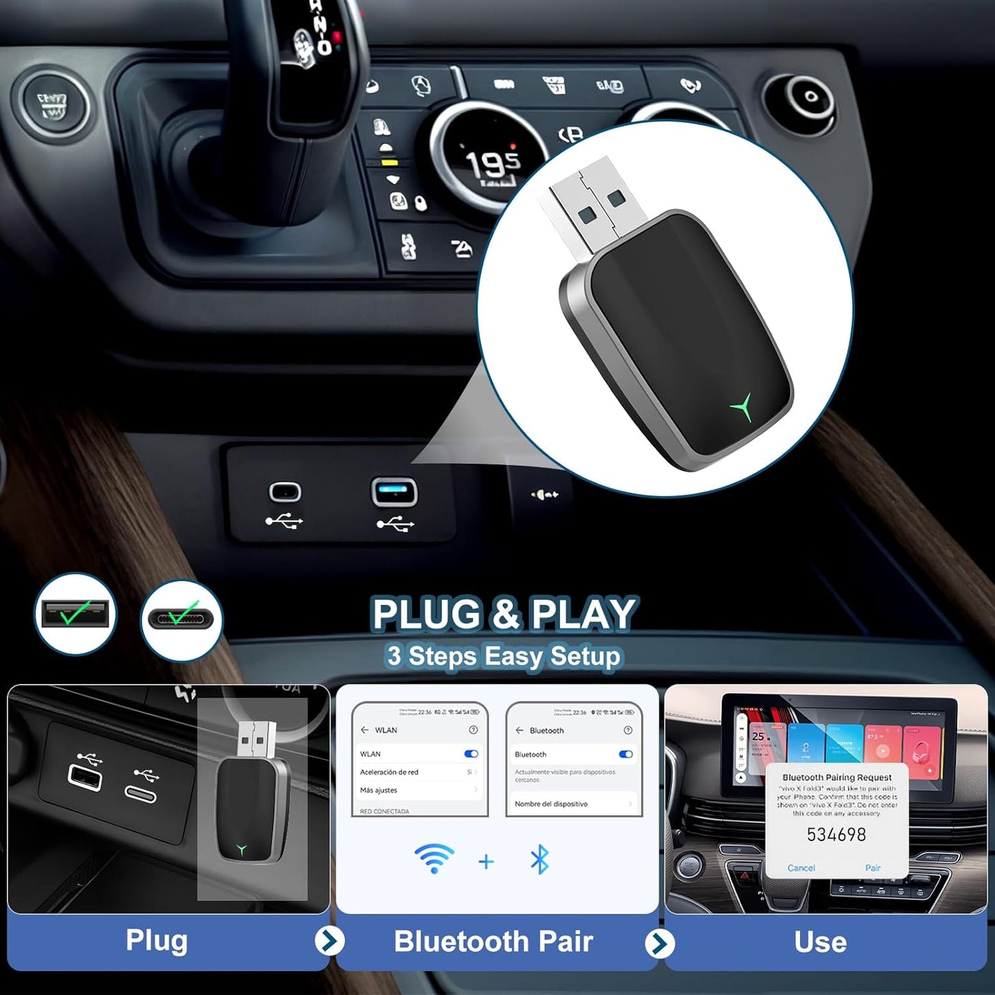 Mini Wireless CarPlay & Android Auto Adapter – Plug & Play Dongle, Convert Wired to Wireless, USB-A/C, Compatible with 2016+ Cars & iPhone iOS 10+/Android Devices
