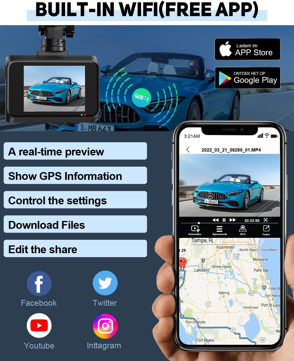 4K Dash Cam Front and Rear, Car Dash Camera Built-in WiFi GPS, Free 64GB Card, UHD 2160P Night Vision, WDR, 170°Wide Angle, WDR, 24H Parking Monitor