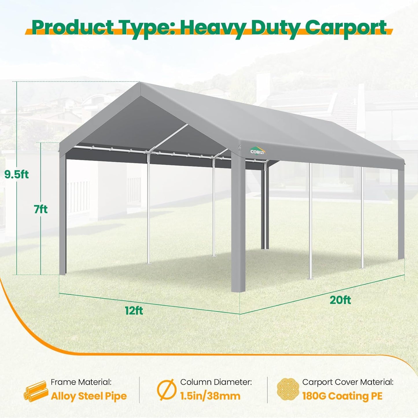 COBIZI Carport Canopy 12x20 Heavy Duty Car Tent Garage, Galvanized Frame Car Canopy Outdoor Shelter Waterproof & UV Protected with Built-in Sandbags & All-Season Tarp for Car Boat Truck, Gray