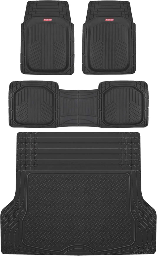 Motor Trend FlexTough™ Deep Dish Plus Rubber Car Floor Mats with Trunk Mat Cargo Liner, Front & Rear Combo Set fits Most Car SUV Van Coupe Sedan, Heavy Duty All Weather Trim to Fit