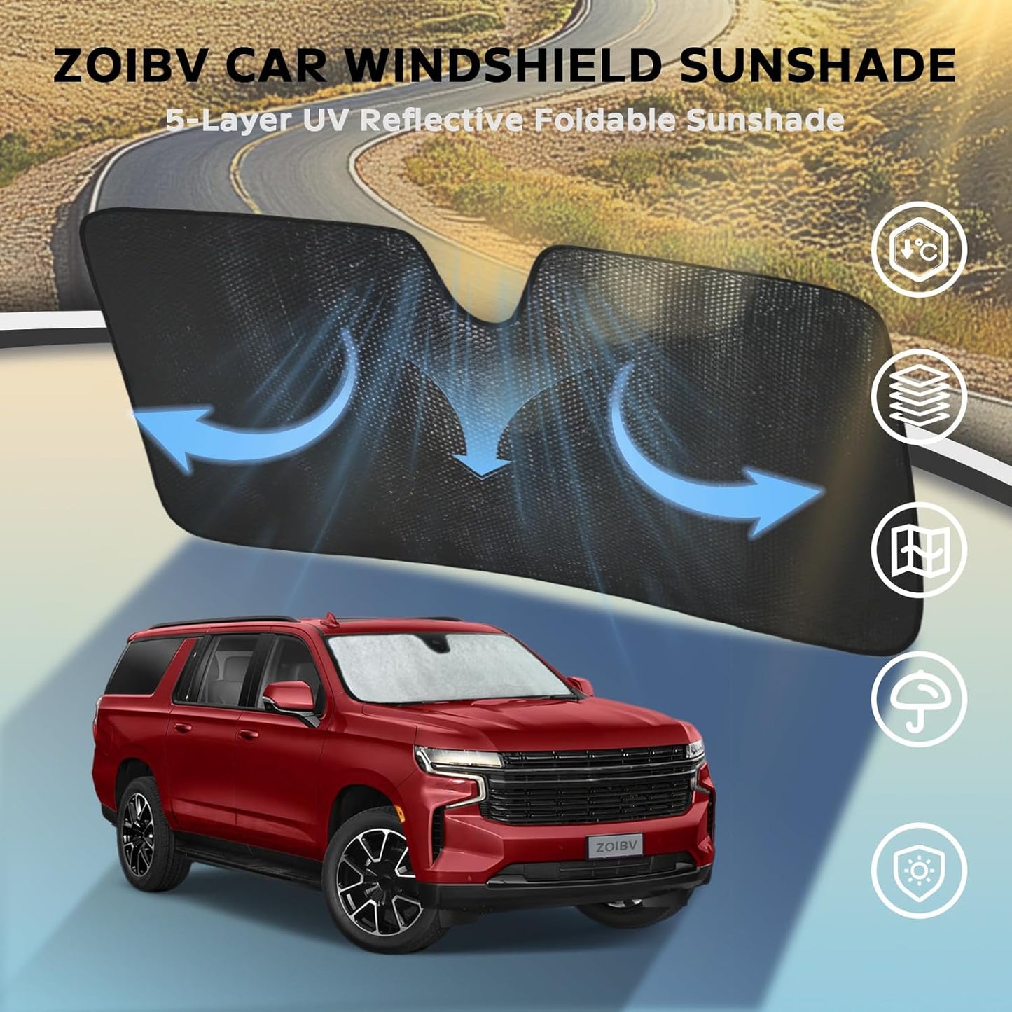 Windshield Sun Shade for Chevrolet Chevy Suburban 2021-2024 - 5-Layer Bubble Foldable Front Window Shade Sun Visor Accessories - Blocks Heat & UV Rays