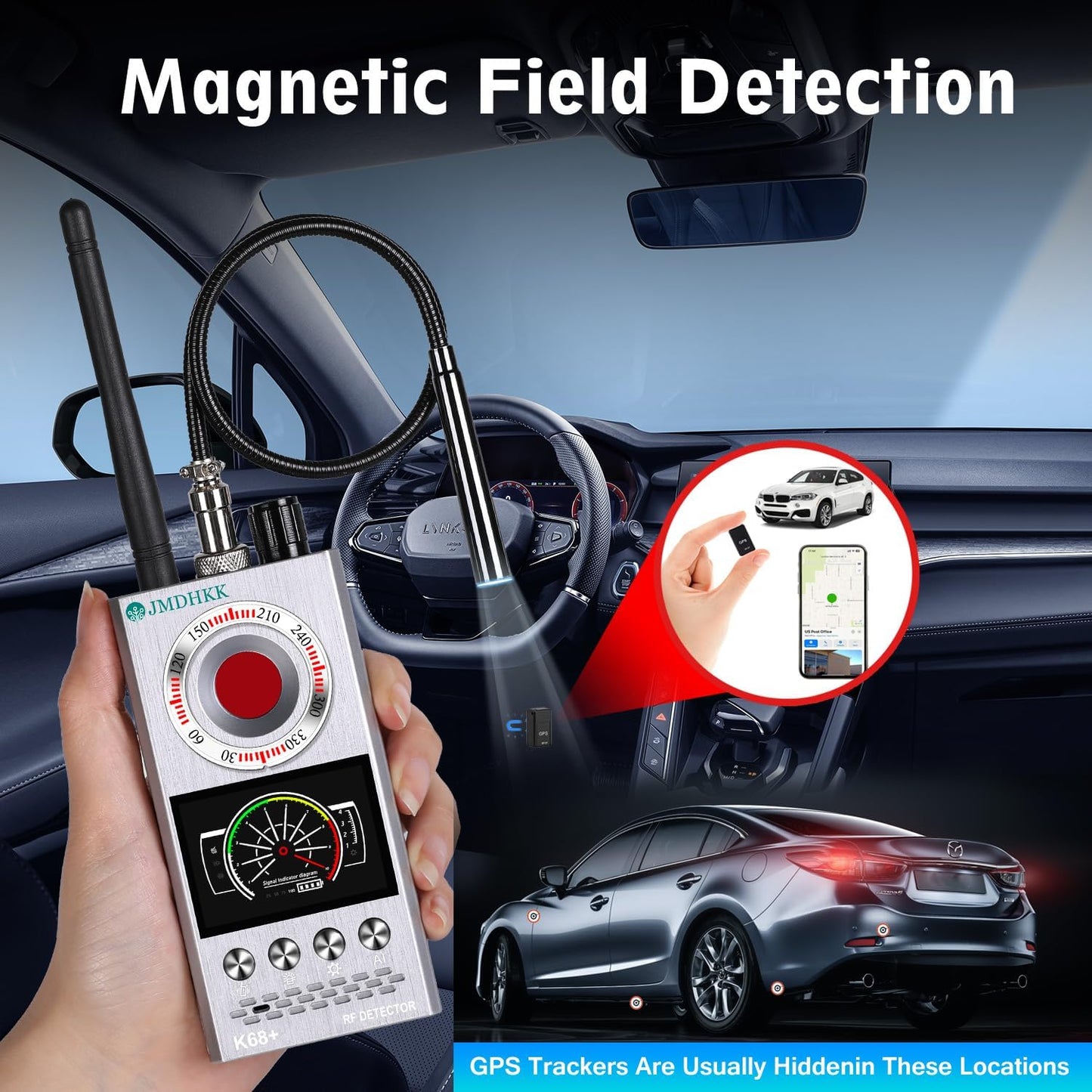 JMDHKK Hidden Camera Detector & Bug Detector – Magnetic Tracker & Wireless Signal Finder for Home, Office, Hotel, Car – Advanced Privacy Protection for Travel & Security（Silver