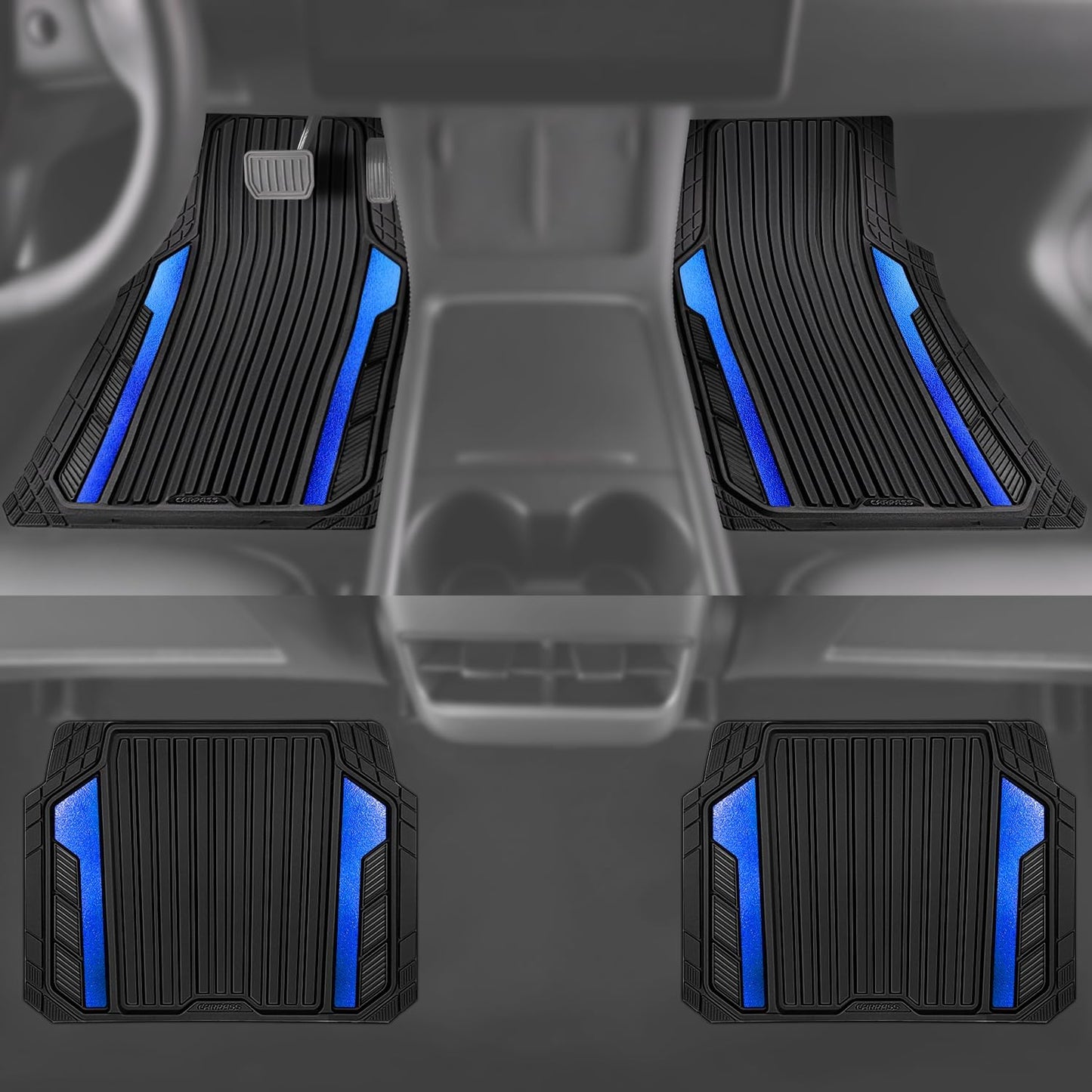 CAR PASS Heavy Duty Rubber Car Mats Metallic,Aluminum Film All Weather Floor Mats Waterproof Universal Trim to Fit Automotive SUV Sedan Van 4 Piece Anodized Deep Dish Two-Tone Sporty Black Blue Chrome