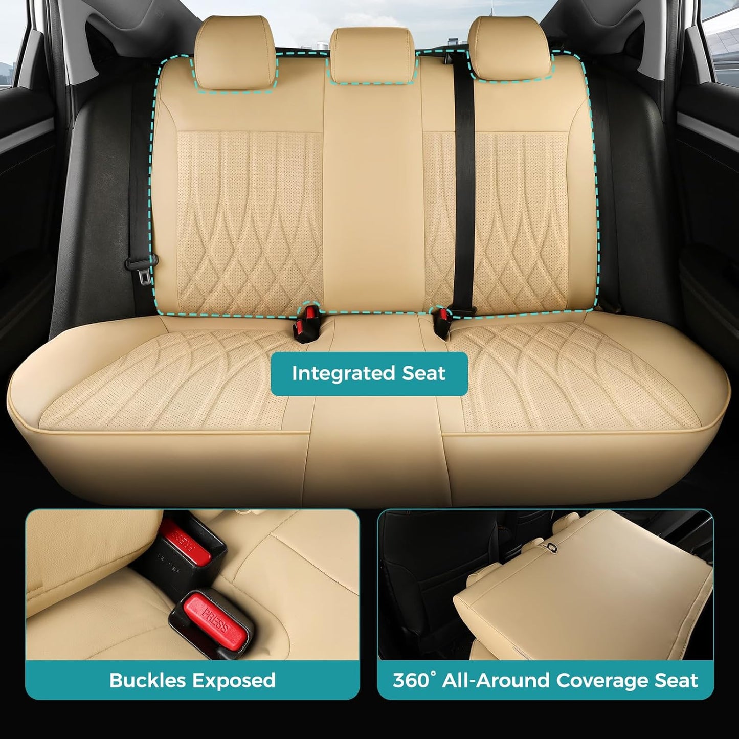 Seat Covers for Honda Civic Sedan LX 2016 2017 2018 2019 2020 2021, Faux Leather Car Seats Cover Full Set (Rear Row Solid & No Folding Backrest)-Beige