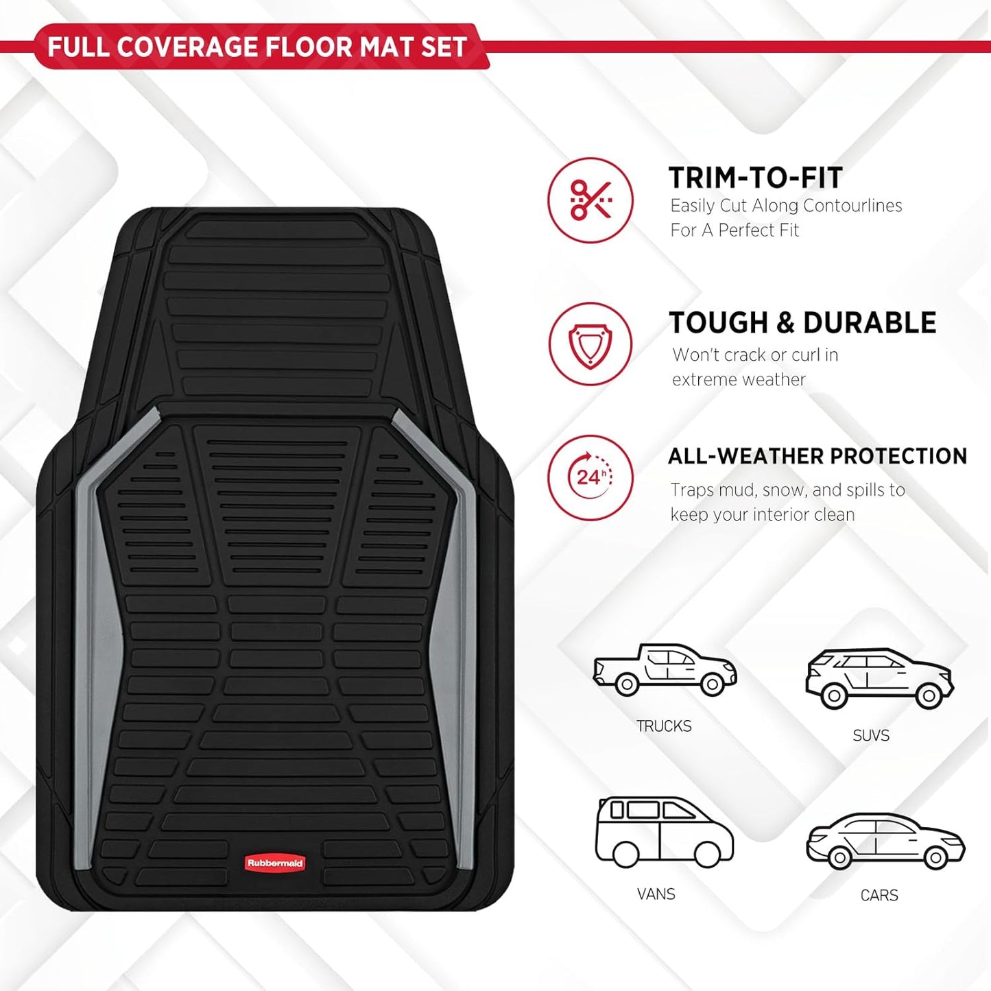 Rubbermaid Car Mat Full Set All-Weather Heavy-Duty 4 Pieces– Trim-to-Fit Universal Car Mats Full Set – Waterproof Rubber Floor Liners for Most Trucks, SUVs, Vans, and Sedans-Gray