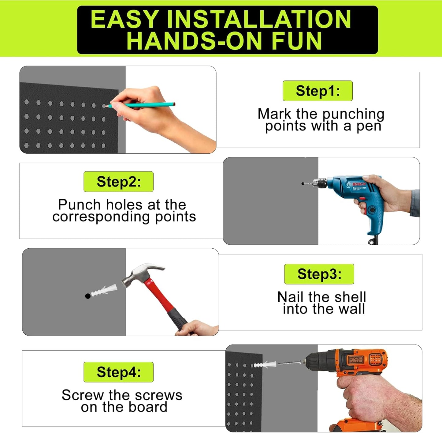 4 Pack Metal Pegboard Panels 24" x 12" Black Heavy Duty Steel Pegboard Wall Organizer, Garage Utility Tools Pegboard Storage System for Workbench, Shop, Shed Modular Peg Board Organizer Board Kit