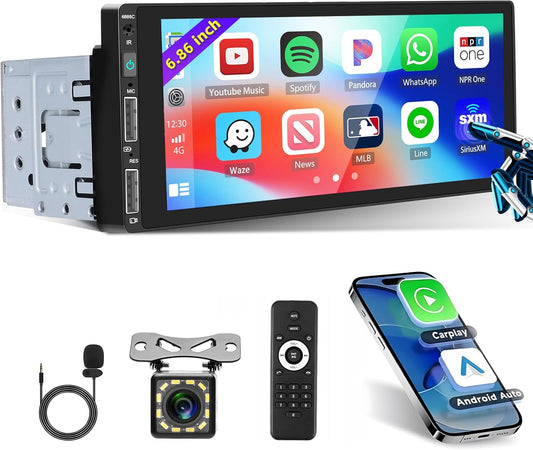 6.9 Inch Single Din Car Stereo with Carplay Android Auto, HD Touchscreen with Bluetooth FM Radio EQ SWC Dual USB Port with Backup Camera MIC MP5 Player Car Audio Receiver
