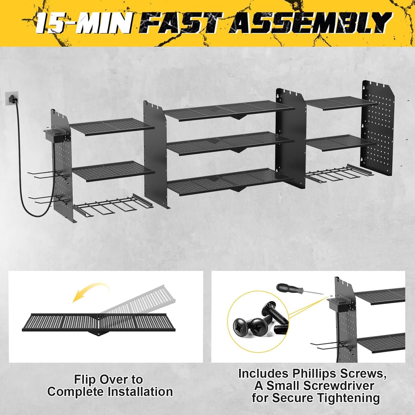 Power Tool Organizer Wall Mount with Charging Station, Expanded Width Power Tool Storage Rack, Large Tool Battery Organizer with Screwdriver/Hammer Heavy Duty Garage Storage