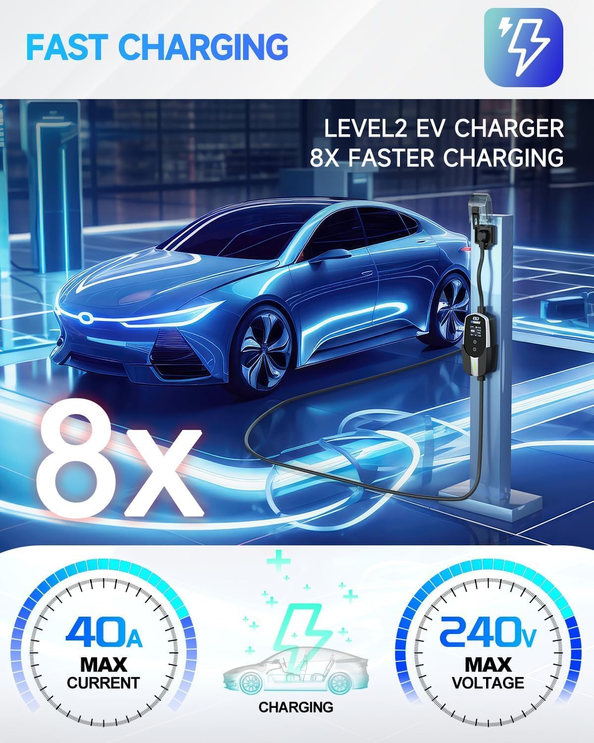 Level 2 EV Charger 40Amp, 240V 9.6KW Portable Electric Vehicle Charging Stations with NEMA 14-50P, 25FT Cable Adjustable Current/Timing Delay Home Electric Car Charger for J1772 BEVs/PHEVs