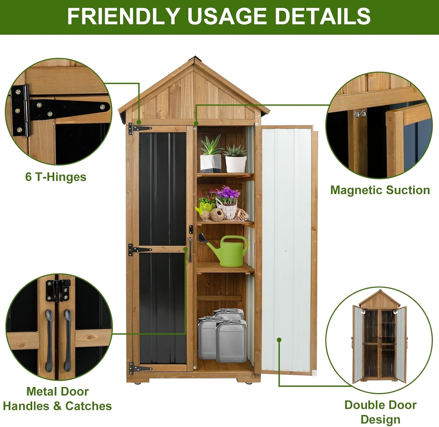 Wood & Metal Outdoor Storage Cabinet with Waterproof Roof, Garden Tool Shed with 6 T-Hinge, 4 Reinforced feet with Metal Brackets and 6 Adjustable feet, 3 Removable Shelves, 13.2X 31x 67IN
