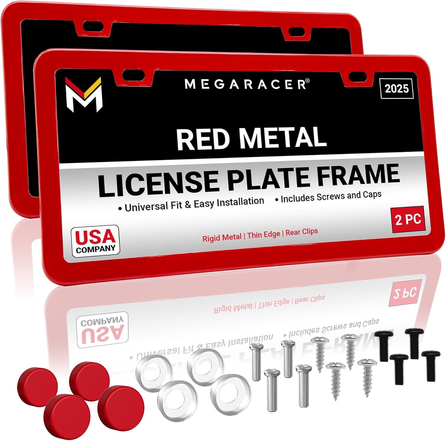 Premium Slim Red License Plate Frames – 2 Pack, Rust-Free Stainless Steel, Street Legal & Rattle-Free, Universal Fit with Screw Covers, Sleek Thin Metal Front & Rear Car Tag Holders for Men & Women