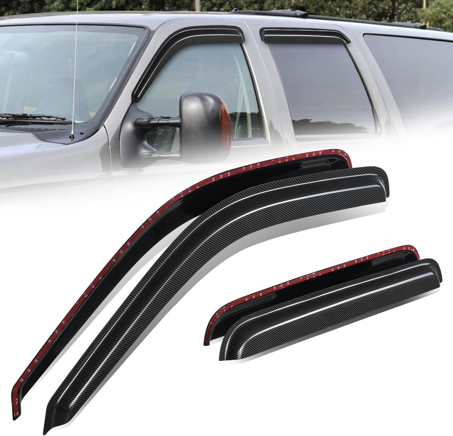Auto Dynasty 4Pcs Carbon Fiber Pattern Window Visors Compatible with 2000-2005 Ford Excursion, Tape-On Front & Rear Window Deflectors Rain Guards Sun Wind Air Side Vent Shade, Glossy Black