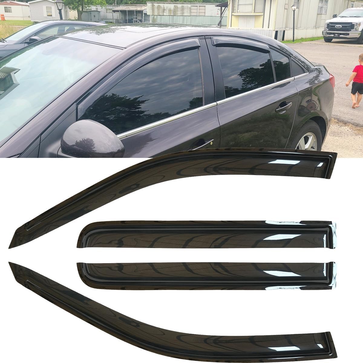 Side Wind Deflector Window Visors fit for 2011-2015 Chevrolet Cruze & 2016 Cruze Limited, 4pcs Out-Channel Tape-On Dark Smoke Nice Sun Rain Guards Set 94611