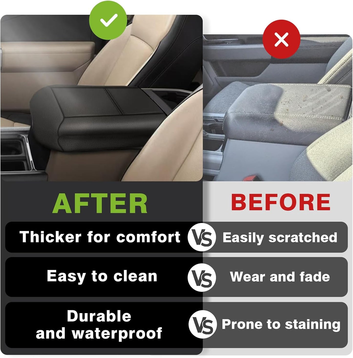 Muslogy Center Console Armrest Cover Compatible with Ford F250 F350 F450 2023 2024 2025 Super Duty Comfort Armrest Pad Arm Rest Cushion Vegan Leather Protector 1-Inch Extra Thick(Bucket Seat ONLY)