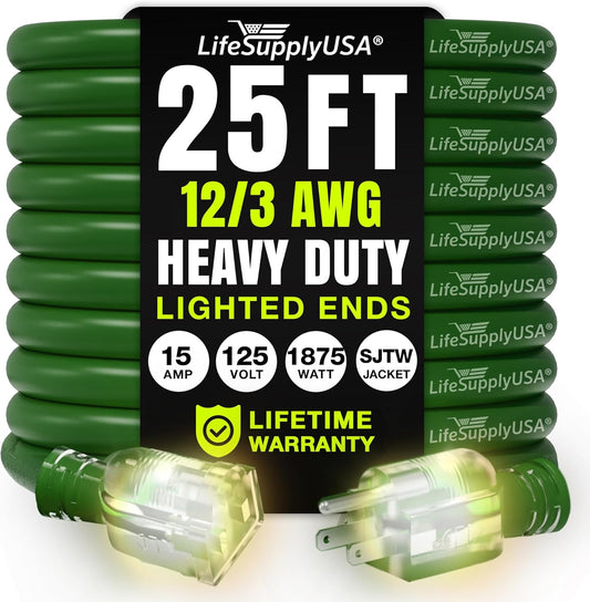 25ft Outdoor/Indoor Extension Cord 12/3 Gauge Extra Heavy Duty 3 Prong SJTW, Waterproof, Flexible Cold-Resistant Long Power Cord,15A 125V 1875W, Green by LifeSupplyUSA