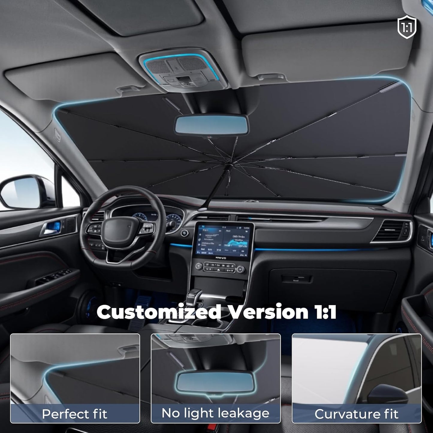 Windshield Sun Shade Umbrella Compatible with 2016-2025 Tesla Model X Accessories: Custom Fit 240T Silver, Double Thickened, Foldable Window Sunshade, Ultimate 99% UV Blocking for 75D, 90D, 100D