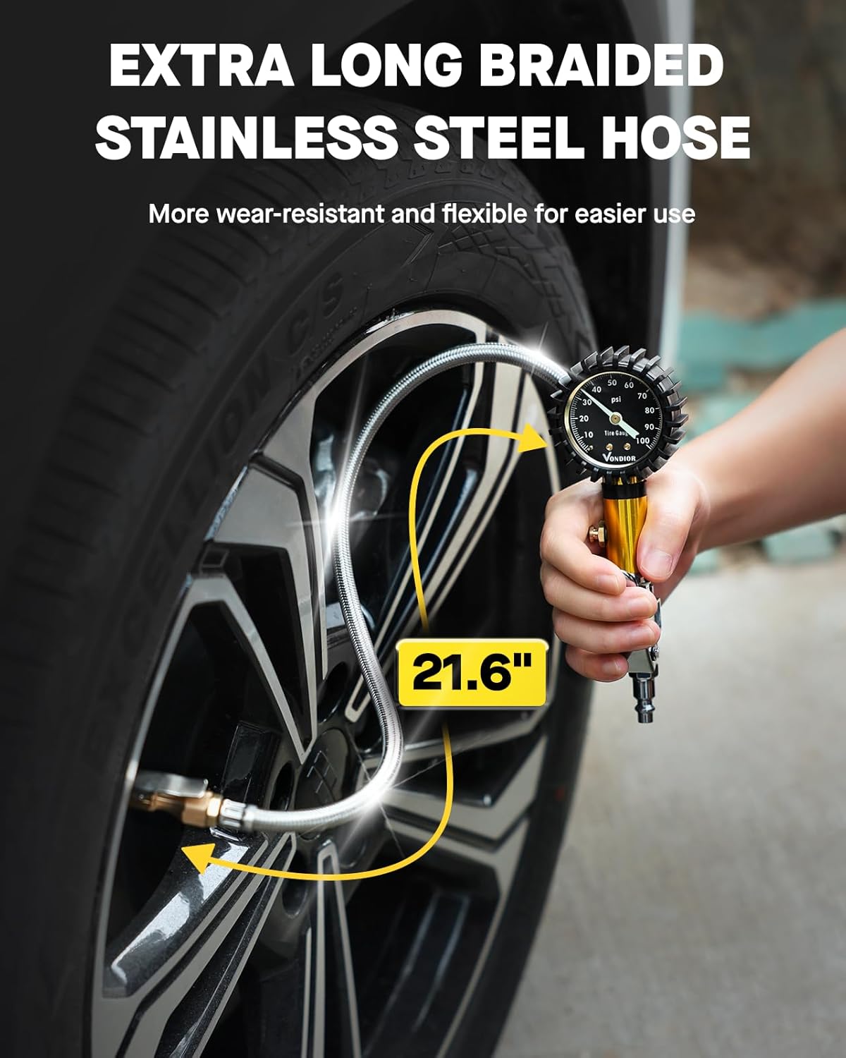 Vondior Tire Inflator with Pressure Gauge(0-100 PSI) - ANSI B40.1 Accurate, Large 2" Glow Dial, Premium Braided Hose, Durable Rubber Hose, Perfect for Any Car, Truck, Motorcycle, RV