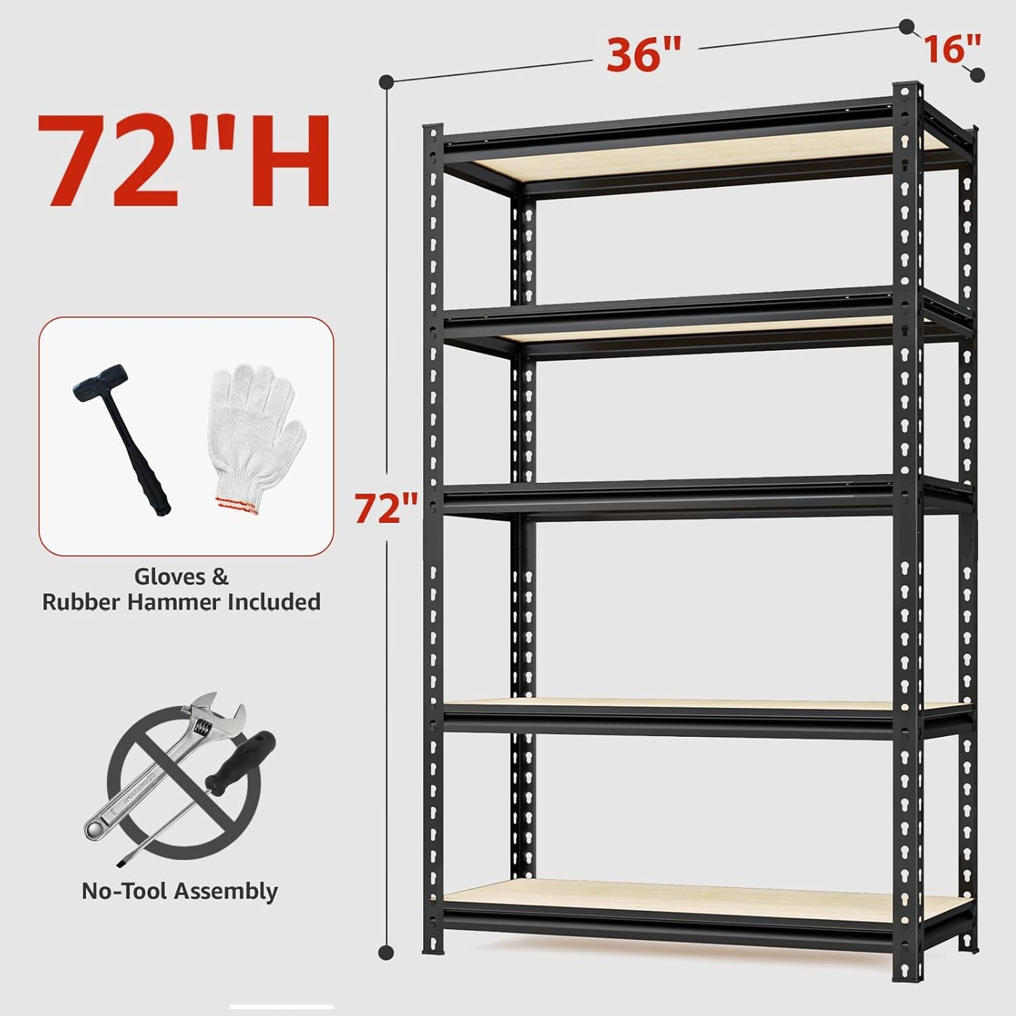5-Tier Adjustable Metal Storage Shelves Heavy Duty Garage Shelving, 72" H x 36" W x 16" D Shelving Unit Rack for Kitchen, Classroom, Dormitory, Basement & Warehouse