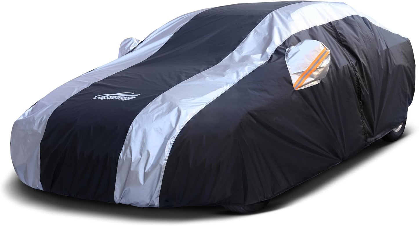 Large Car Covers Waterproof for All Weather Protection with Silver Stripe Design, Car Cover for Automobiles Universal Fit Cadillac Deville, Lincoln Continental Town, Ford Crown Victoria