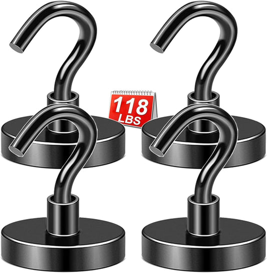 DIYMAG Black Magnetic Hooks, 118 LB Heavy Duty Strong Magnets with Hook, Rare Earth Neodymium Magnet Magnetics for Cabins Cruise Ship Essentials 4 Packs