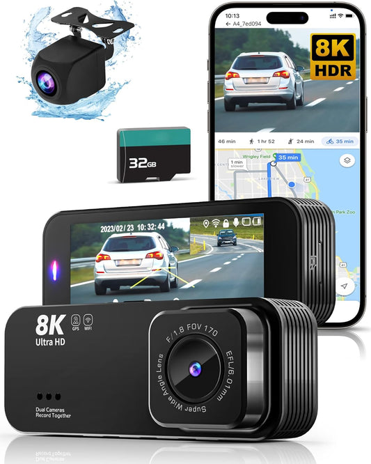 Dash Cam Front and Rear, 8K/2.5K UHD Dash Camera for Cars, Dash cam with 32GB Card, Built-in Wi-Fi & GPS, 3.16”IPS Screen, Night Vision, 170°Wide Angle, WDR, 24H Parking Mode