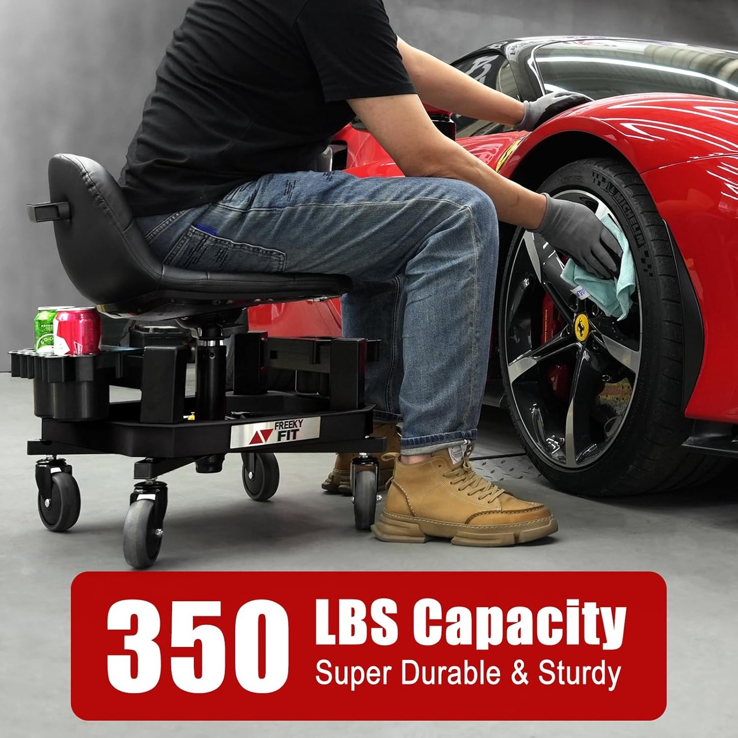 Rolling Stool with Wheels, Adjustable Shop Stool Mechanic Seat, Garage Shop Roller Work Chair, Mobile Rolling Seat with Tool Tray, 2 Cup Holders, 4" Casters, 350 LBS, Heavy-Duty, Black