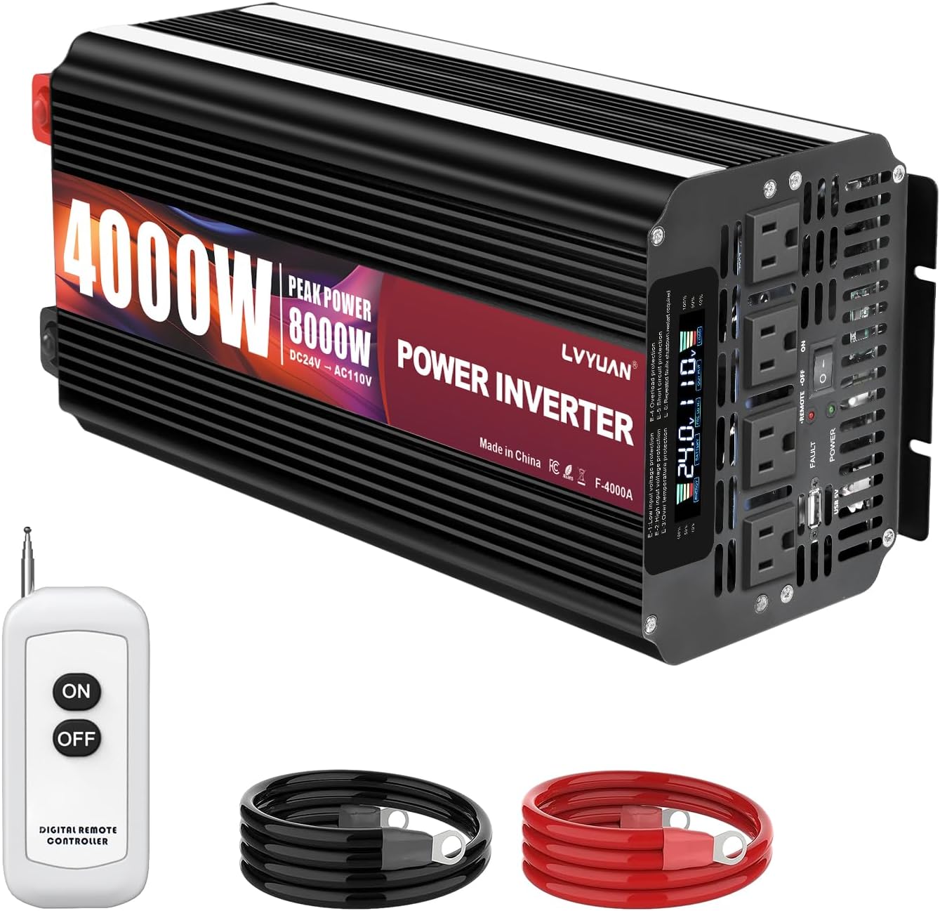 LVYUAN 4000 Watt Power Inverter 24V to 110V 120V for Vehicle, Solar Inverter System, Heavy Duty, RV, Truck, Off Grid,Camping with 4 AC Outlets, LCD Display, Wireless Remote Control, Car Power Inverter
