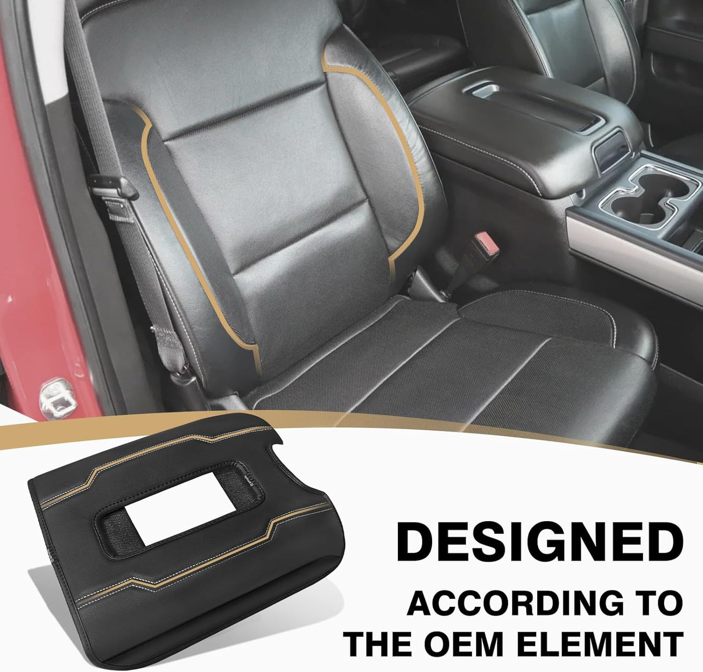 Muslogy Center Console Armrest Cover Compatible with Chevy Silverado & GMC Sierra 1500 2500 3500 2014-2018 Comfort Armrest Pad Arm Rest Cushion Vegan Leather Protector Regular Thick(Bucket Seat ONLY)