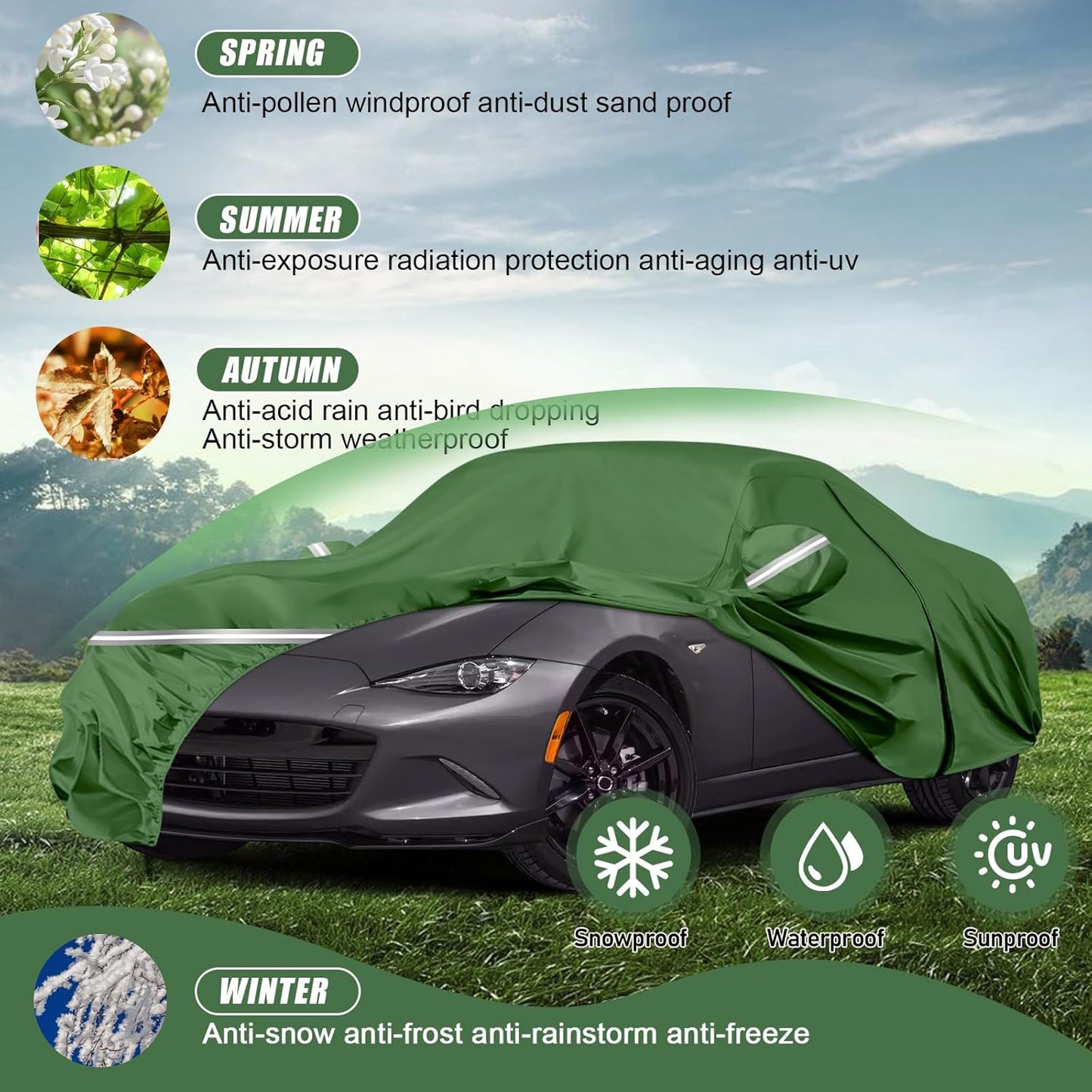 BOSSTONE Car Cover Custom Fit for Mazda MX-5 Miata 1989-2025, Waterproof All Weather for Automobiles Full Exterior Cover Rain Sun Snow Protector with Door Zipper (Green)