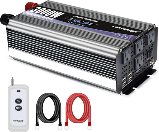3000W Power Inverter 12V to 110V/120V DC to AC with LCD Display, Remote Controller and 4 x AC Outlets Car Adapter for Car Truck Boat RV Off Grid Solar System